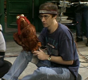 Lyon with a Muppet  during filming of .