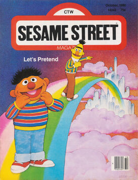 Ernie and Bert travel on a rainbow to a magical city surrounded by pink, fluffy clouds. Sesame Street Magazine cover, October 1980.