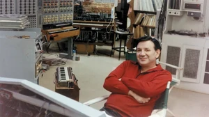 Raymond Scott and his synthesizers used to produce the Bufferin commercial soundtrack in 1967 (photo taken by Jim Henson)