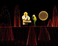 Pitch photo with Kermit and Bunsen in a digital landscape