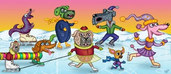 Pantuso-EWDogs.jpg (207 KB) montage artwork of the skating dogs and seal by Mike Pantuso