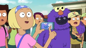 A walk around character resembling Elmo in "Hollywood Hop Pop