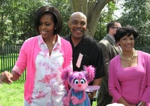 Obama with Roscoe Orman, Abby Cadabby and Sonia Manzano at the 2010 White House Easter Egg Roll.