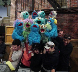 Behind-the-scenes with performers Paul McGinnis, Fran Brill, Stephanie D'Abruzzo, Joey Mazzarino, Kevin Clash, and Jim Martin.