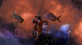 Gonzo floats through space with the Cosmic Knowledge Fish.