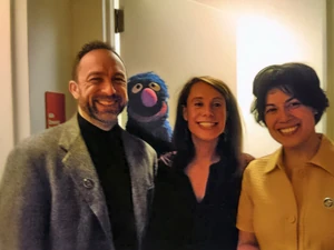 Grover at the  with Jimmy Wales, the founder of  and Wikia.