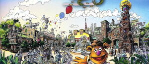 Concept art, showing surrounding Muppet-themed area.