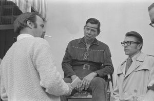 Jay Silverheels as Tonto with  and an unidentified director in a "Man from Alphabet" segment. Photography by Charlotte Brooks for  magazine.