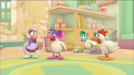 Abby, Gonnigan, and Blögg turn into chickens in an Abby's Flying Fairy School segment. (First: Episode 4197)