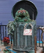 A remnant of the Oscar puppet at Sesame Place: the trash can is now used as part of a topiary display seen during Halloween and Christmas.