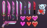 Concepts of the weapons, pet, and heart from IDontHaveAUse’s Twitter.