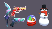 Image of the Australis set, Bauble gun, Snow Globe toy, and the Snowman toy.