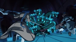 Rudeus' party attacking while in a formation against the Manatite Hydra