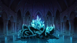 The Guardian of the Labyrinth laying dormant before the Magic Crystal