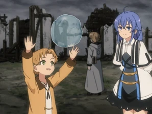 Рудеус осматривает то, что осталось от дома семьи Грейрат в деревне Буэна