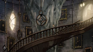 Rudeus ascending the spiral stairway to the Special Student's classroom