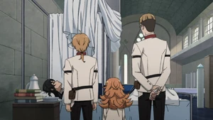 Rudeus, Zanoba and Julie watching over Nanahoshi in the Infirmary