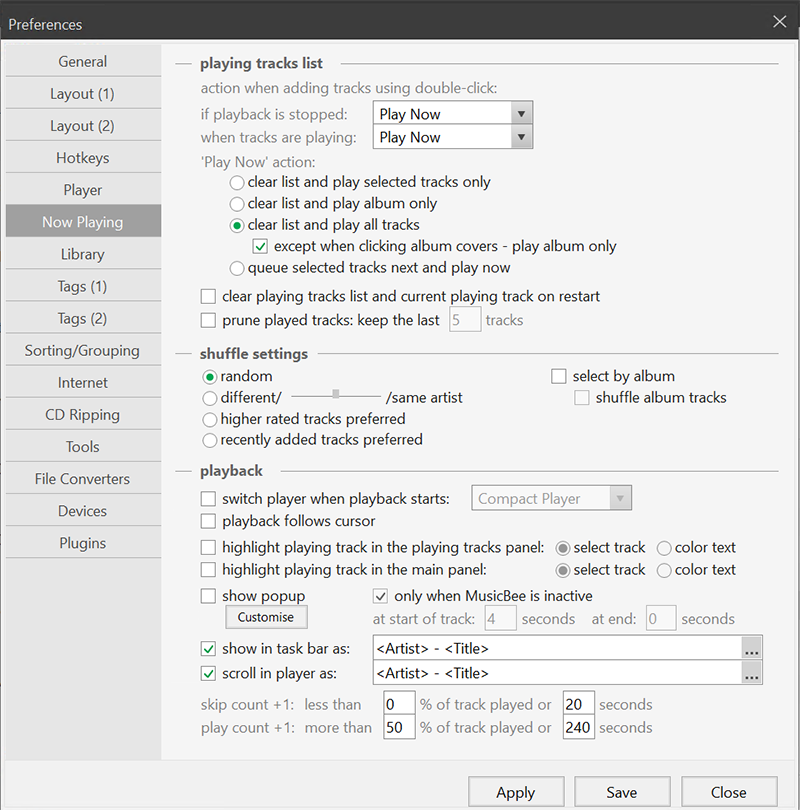 Now Playing Preferences, MusicBee Wiki