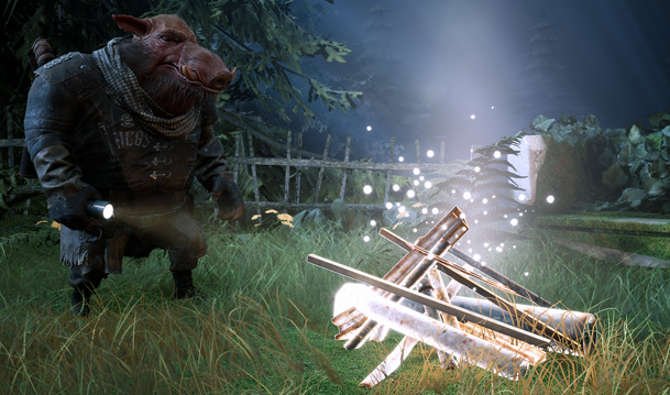 Mutant Year Zero Bormin shine torch light on a heap of scrap