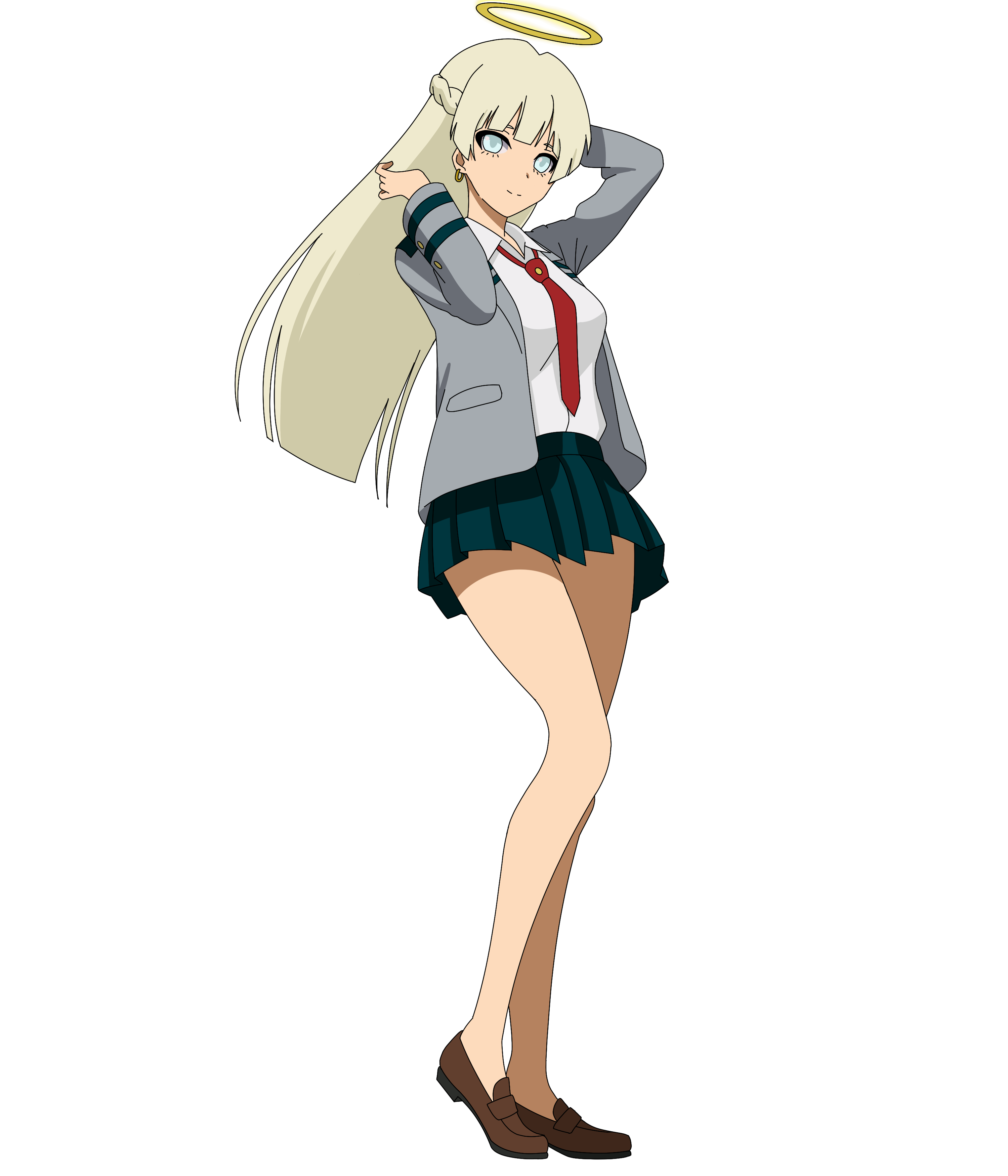 Perspective view of sci-fi cute anime girl with a pixie haircut and dark  hair wearing stylish outfit