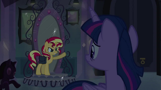 Sunset Shimmer standing in front of the mirror EG