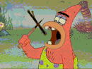 Patrick takes a bite on a stick