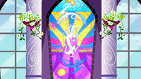 Celestia and Luna depicted on stain glass defeating Discord S02E01