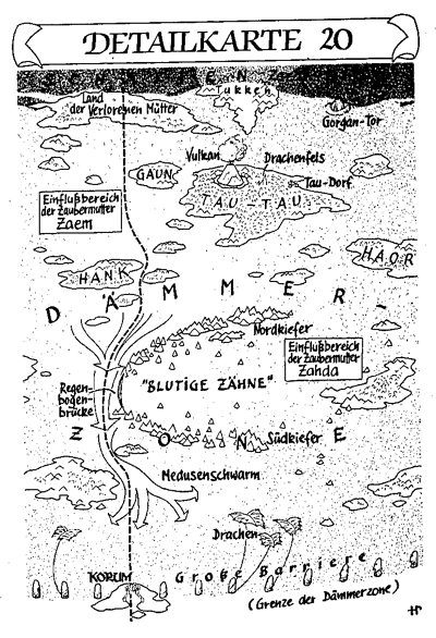 Karte der Dämmerzone der  an der Grenze zwischen dem Einflussbereich der   mit der   und dem der Zaubermutter  mit den Inseln ,  und  sowie der  und den . Gezeigt wird alles Territorium von der Schattenzone bis zur  mit der Grenzstadt . - Detailkarte 020 von  aus # der .