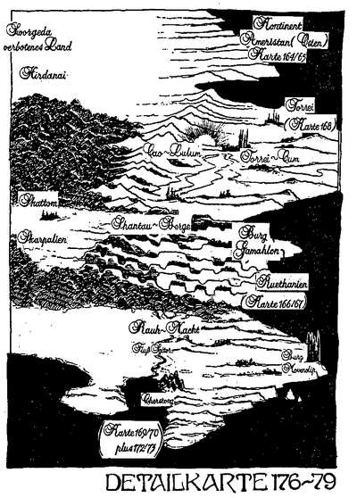 Karte von  (Yhllgord) nach  zum Beginn des . Zeigt die Lage des   und , von  und ,  und , die  und ,  sowie die am   gelegene Festung . -  176-179 von  aus #, ,  und  der 