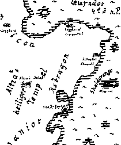 Karte von Astragon auf  im . Zwischen  im  und  im ,  im  und  im  liegt das vom   gegründete Lichtreich Astragon, dessen   an der -Küste liegt, während die neugegründete Ewige Stadt  an der  in Richtung der einstigen  liegt
