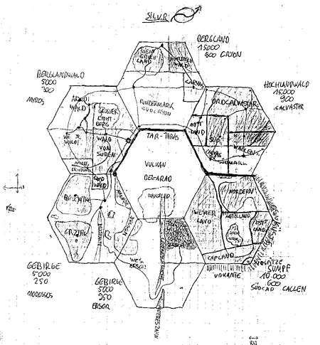 Schematische Karte der Insel Silur und ihrer Provinzen, verwendet für die Planungen der  im Jahr  n.P.