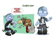 MySims Agents concept showing Zombie Carl dusting Gordon's head.