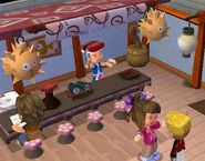 A pre-release screenshot of the player reading at Chef Watanabe's.