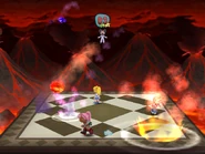 Morcubus hosting the "Firefall" minigame in MySims Party (Wii) in his alternate outfit.