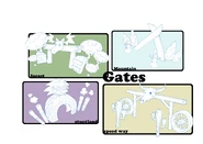 Concept art for the gate to Stunt Land Theme Park, which has a statue of Dr. F's head on it.