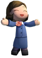 An official render of Rosalyn smiling and clapping from MySims. She has pale skin in this photo rather than tan skin.