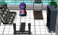 The hangar with 5 Athletic objects: Sporty Sofa, Practice Dummy, Treadmill, Weight Bench, and Gym Lockers.