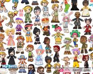 A collage of MySims characters drawn by concept artist Emmy Toyonaga. Shirley can be partially seen in the bottom right and possibly the top left (cyan jacket and leopard print leggings).