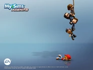 An official desktop wallpaper showing Walker and other MySims Agents characters dangling from a rope.
