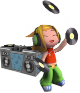 An official MySims Kingdom render of DJ Candy juggling records in front of her turntable. Note that her headband is white in-game.