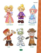 Page 23: MySims Kingdom art: Duchess Beverly, Lord Daniel, Princess Butter, Buddy, Tobor, and Ol' Gabby