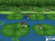 Hopper hosting the "Lily Pad Rapids" minigame in MySims Party (Wii).