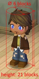 The hitbox of a typical Sim is 21 blocks tall and has a diameter (⌀) of 6 blocks.