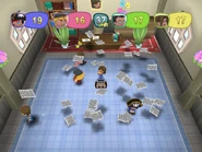 Rosalyn hosting the "Paper Panic!" minigame in MySims Party (Wii).