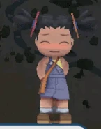 Poppy blushing with her hands behind her back.