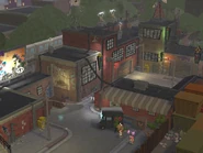 Brandi and Esma in a wide shot of the Industrial District in MySims Agents.