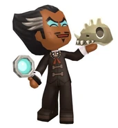 An official render of a smiling Sir Vincent holding a magnifying glass and a dinosaur skull.