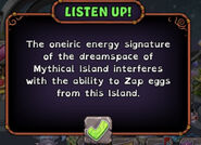 Unique zapping text on Mythical Island.