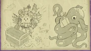 A sketch of adult Hornacle discovering a treasure chest (left); An unnamed purple octopus holding a fortress bottle that adult Hornacle now uses as a leg (right)
