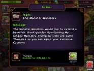 The MSM mailbox message received when completing the tutorial in My Singing Monsters Thumpies